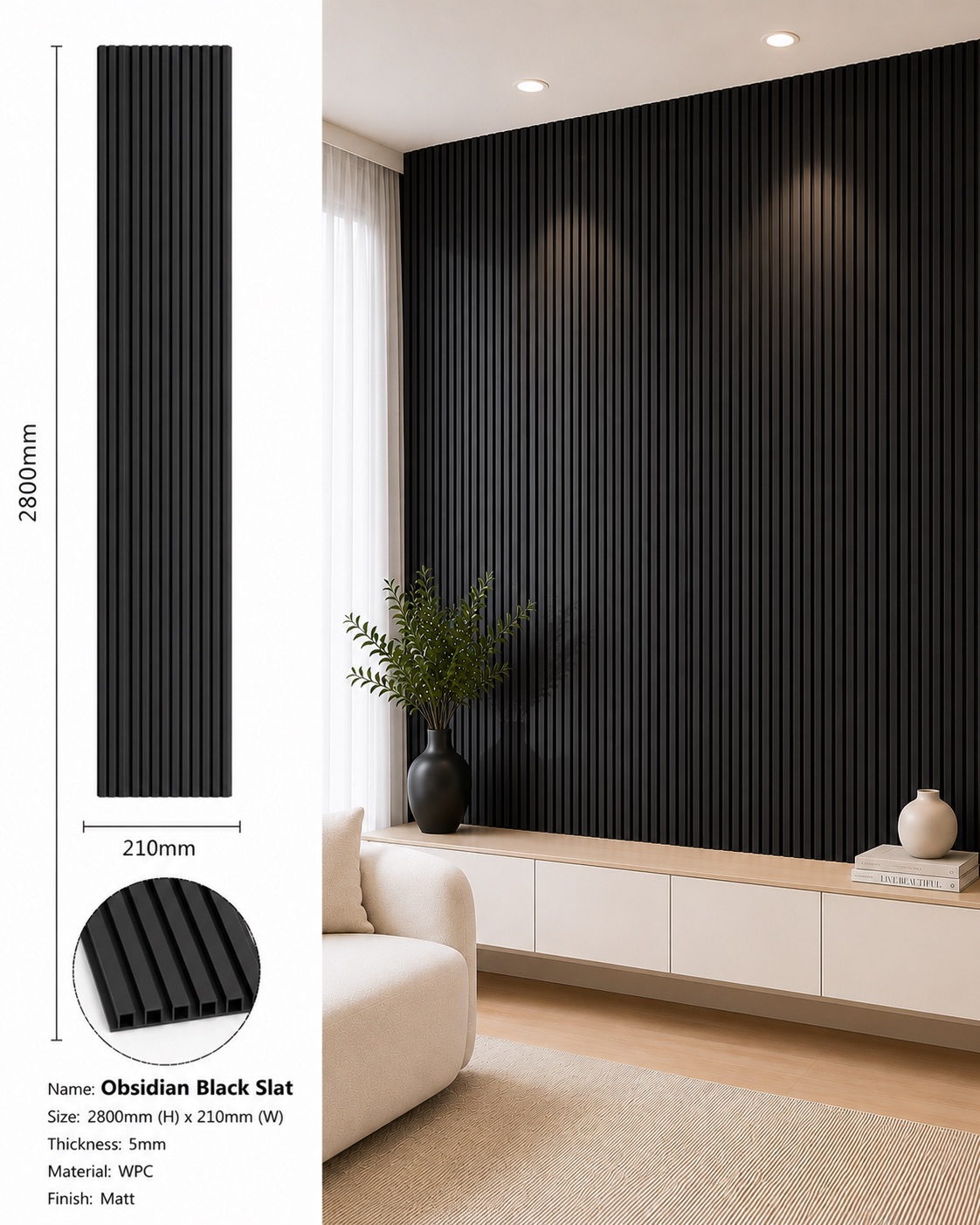 Obsidian black slat louver wall panel